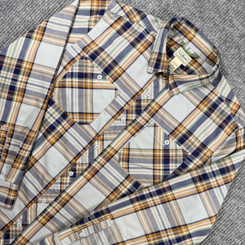 LL Bean Mens Large Plaid Button Down Shirt Blue Orange Long Sleeve 500273